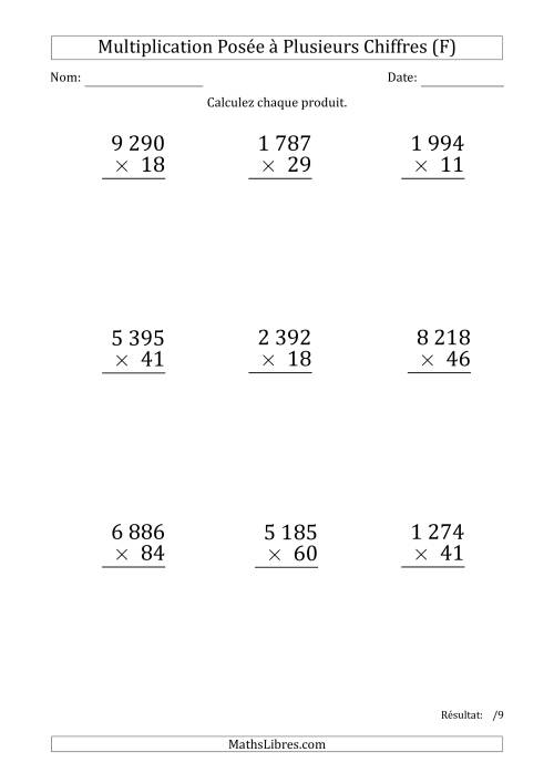 Multiplication d'un Nombre à 4 Chiffres par un Nombre à 2 Chiffres (Gros Caractère) avec une Espace comme Séparateur de Milliers (F)