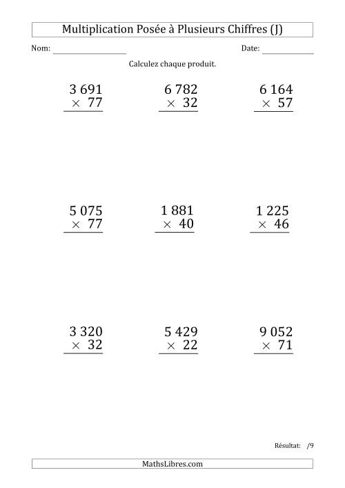 Multiplication d'un Nombre à 4 Chiffres par un Nombre à 2 Chiffres (Gros Caractère) avec une Espace comme Séparateur de Milliers (J)