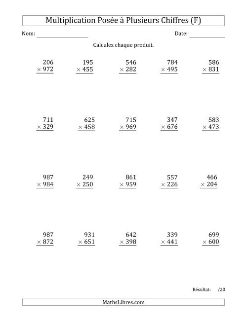 Multiplication d'un Nombre à 3 Chiffres par un Nombre à 3 Chiffres avec une Espace comme Séparateur de Milliers (F)