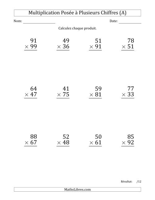 Multiplication d'un Nombre à 2 Chiffres par un Nombre à 2 Chiffres (Gros Caractère) avec une Espace comme Séparateur de Milliers (A)
