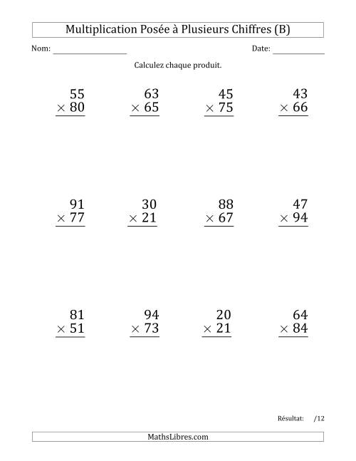Multiplication d'un Nombre à 2 Chiffres par un Nombre à 2 Chiffres (Gros Caractère) avec une Espace comme Séparateur de Milliers (B)