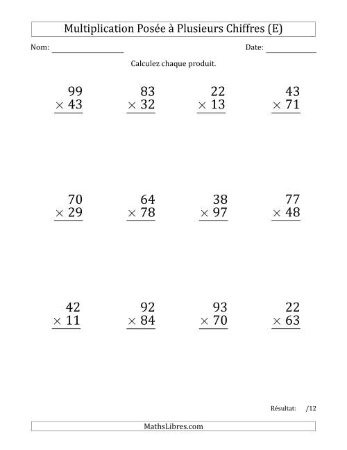Multiplication d'un Nombre à 2 Chiffres par un Nombre à 2 Chiffres (Gros Caractère) avec une Espace comme Séparateur de Milliers (E)