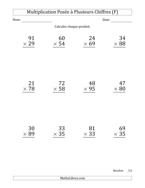Multiplication d'un Nombre à 2 Chiffres par un Nombre à 2 Chiffres (Gros Caractère) avec une Espace comme Séparateur de Milliers (F)