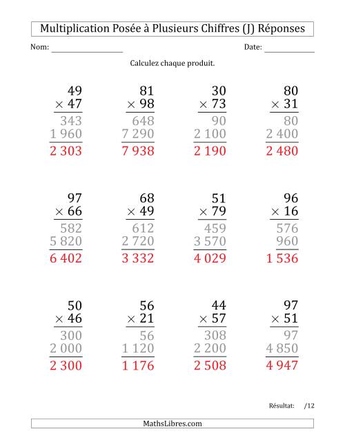Multiplication d'un Nombre à 2 Chiffres par un Nombre à 2 Chiffres (Gros Caractère) avec une Espace comme Séparateur de Milliers (J) page 2