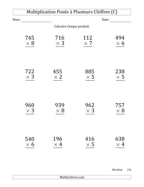 Multiplication d'un Nombre à 3 Chiffres par un Nombre à 1 Chiffre (Gros Caractère) avec une Espace comme Séparateur de Milliers (C)