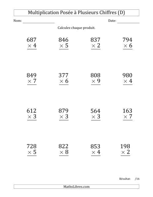 Multiplication d'un Nombre à 3 Chiffres par un Nombre à 1 Chiffre (Gros Caractère) avec une Espace comme Séparateur de Milliers (D)