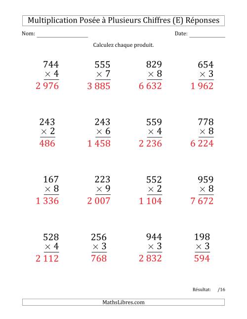 Multiplication d'un Nombre à 3 Chiffres par un Nombre à 1 Chiffre (Gros Caractère) avec une Espace comme Séparateur de Milliers (E) page 2