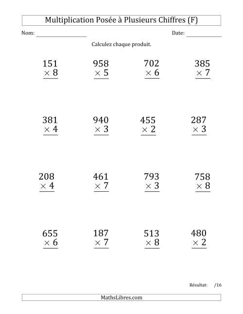 Multiplication d'un Nombre à 3 Chiffres par un Nombre à 1 Chiffre (Gros Caractère) avec une Espace comme Séparateur de Milliers (F)