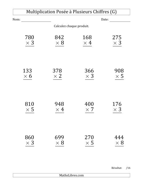 Multiplication d'un Nombre à 3 Chiffres par un Nombre à 1 Chiffre (Gros Caractère) avec une Espace comme Séparateur de Milliers (G)