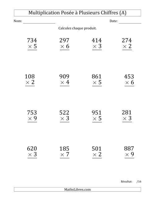 Multiplication d'un Nombre à 3 Chiffres par un Nombre à 1 Chiffre (Gros Caractère) avec une Espace comme Séparateur de Milliers (Tout)