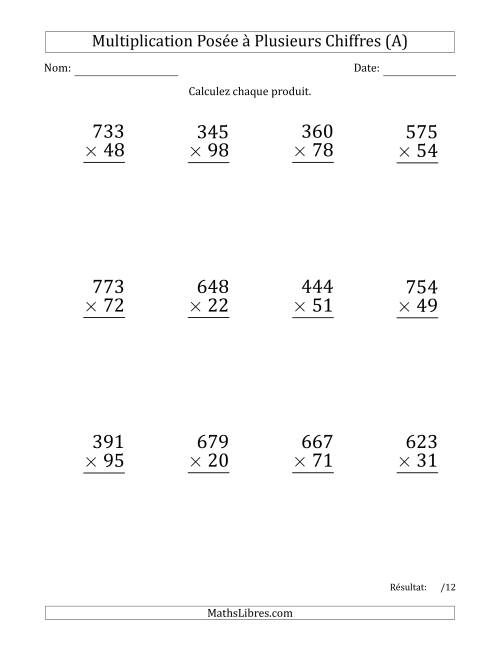Multiplication d'un Nombre à 3 Chiffres par un Nombre à 2 Chiffres (Gros Caractère) avec une Espace comme Séparateur de Milliers (A)