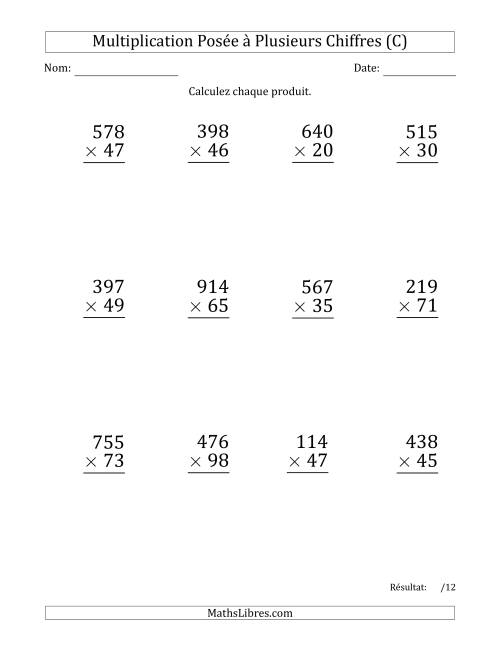Multiplication d'un Nombre à 3 Chiffres par un Nombre à 2 Chiffres (Gros Caractère) avec une Espace comme Séparateur de Milliers (C)
