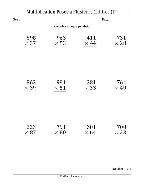 Multiplication d'un Nombre à 3 Chiffres par un Nombre à 2 Chiffres (Gros Caractère) avec une Espace comme Séparateur de Milliers (D)