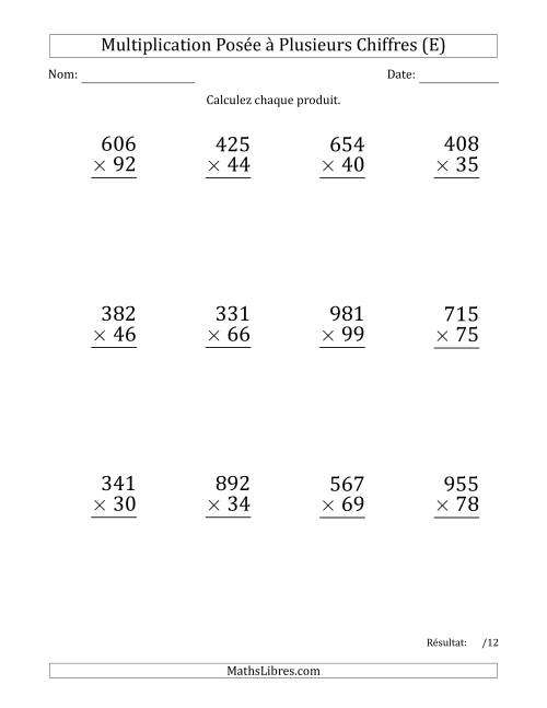 Multiplication d'un Nombre à 3 Chiffres par un Nombre à 2 Chiffres (Gros Caractère) avec une Espace comme Séparateur de Milliers (E)