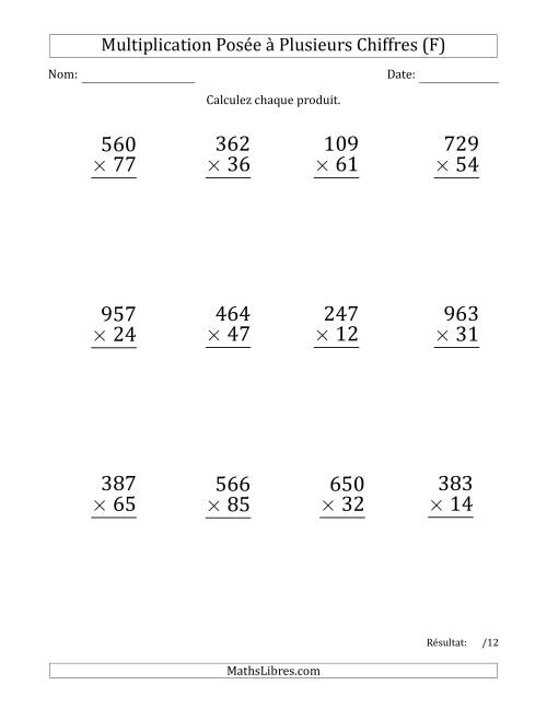 Multiplication d'un Nombre à 3 Chiffres par un Nombre à 2 Chiffres (Gros Caractère) avec une Espace comme Séparateur de Milliers (F)