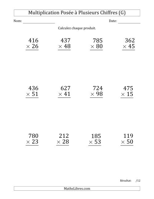Multiplication d'un Nombre à 3 Chiffres par un Nombre à 2 Chiffres (Gros Caractère) avec une Espace comme Séparateur de Milliers (G)