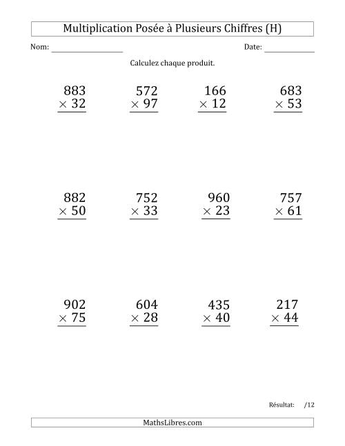Multiplication d'un Nombre à 3 Chiffres par un Nombre à 2 Chiffres (Gros Caractère) avec une Espace comme Séparateur de Milliers (H)