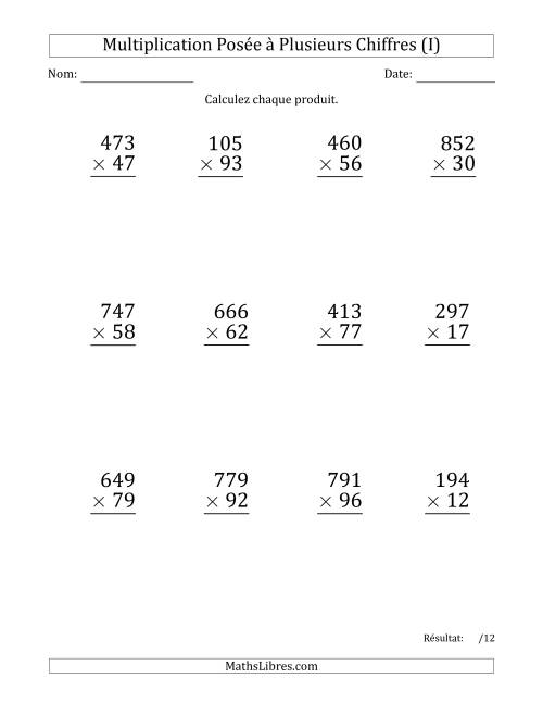 Multiplication d'un Nombre à 3 Chiffres par un Nombre à 2 Chiffres (Gros Caractère) avec une Espace comme Séparateur de Milliers (I)