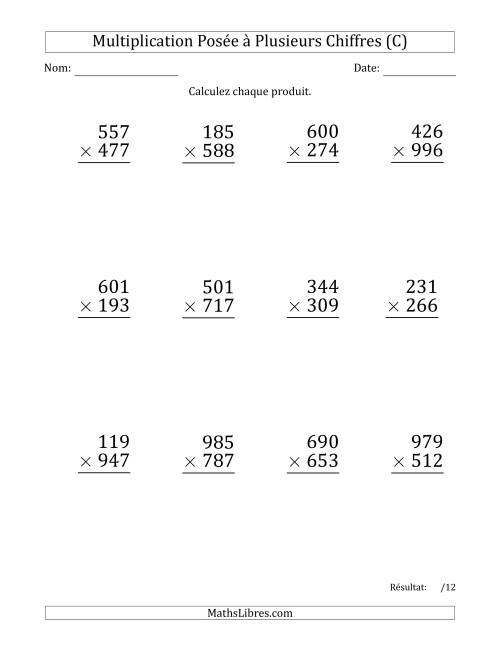 Multiplication d'un Nombre à 3 Chiffres par un Nombre à 3 Chiffres (Gros Caractère) avec une Espace comme Séparateur de Milliers (C)