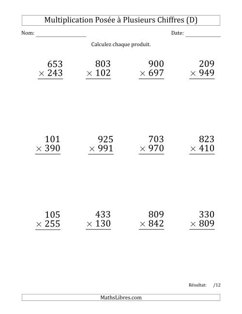 Multiplication d'un Nombre à 3 Chiffres par un Nombre à 3 Chiffres (Gros Caractère) avec une Espace comme Séparateur de Milliers (D)