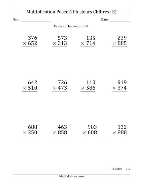 Multiplication d'un Nombre à 3 Chiffres par un Nombre à 3 Chiffres (Gros Caractère) avec une Espace comme Séparateur de Milliers (E)