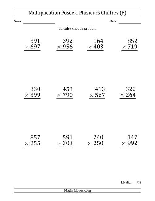 Multiplication d'un Nombre à 3 Chiffres par un Nombre à 3 Chiffres (Gros Caractère) avec une Espace comme Séparateur de Milliers (F)