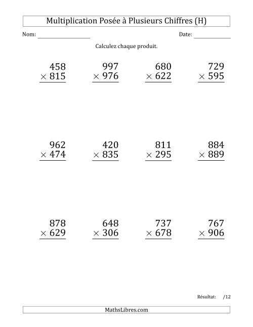 Multiplication d'un Nombre à 3 Chiffres par un Nombre à 3 Chiffres (Gros Caractère) avec une Espace comme Séparateur de Milliers (H)