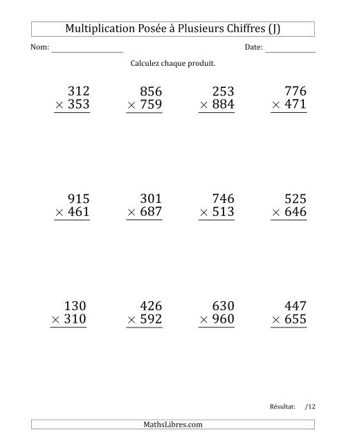 Multiplication d'un Nombre à 3 Chiffres par un Nombre à 3 Chiffres (Gros Caractère) avec une Espace comme Séparateur de Milliers (J)