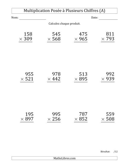 Multiplication d'un Nombre à 3 Chiffres par un Nombre à 3 Chiffres (Gros Caractère) avec une Espace comme Séparateur de Milliers (Tout)
