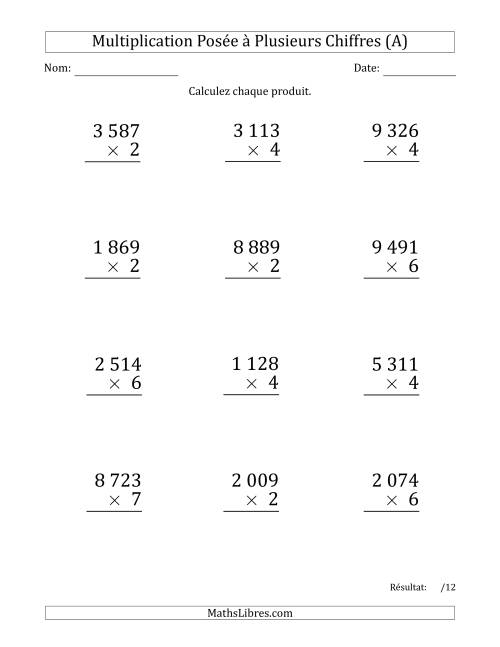 Multiplication d'un Nombre à 4 Chiffres par un Nombre à 1 Chiffre (Gros Caractère) avec une Espace comme Séparateur de Milliers (A)