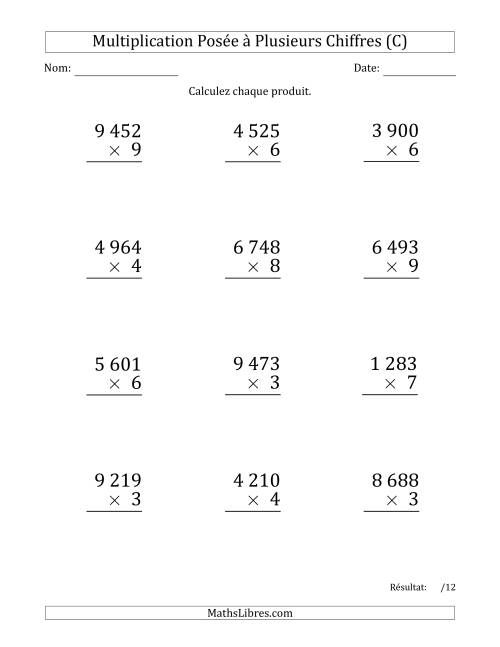 Multiplication d'un Nombre à 4 Chiffres par un Nombre à 1 Chiffre (Gros Caractère) avec une Espace comme Séparateur de Milliers (C)