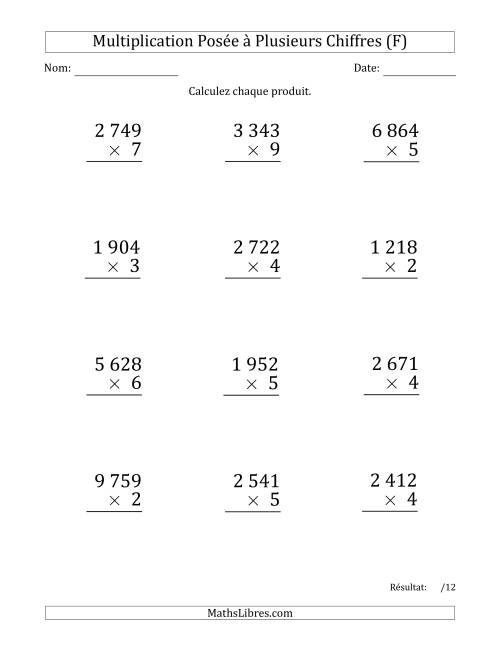 Multiplication d'un Nombre à 4 Chiffres par un Nombre à 1 Chiffre (Gros Caractère) avec une Espace comme Séparateur de Milliers (F)