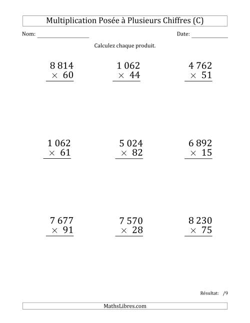 Multiplication d'un Nombre à 4 Chiffres par un Nombre à 2 Chiffres (Gros Caractère) avec une Espace comme Séparateur de Milliers (C)
