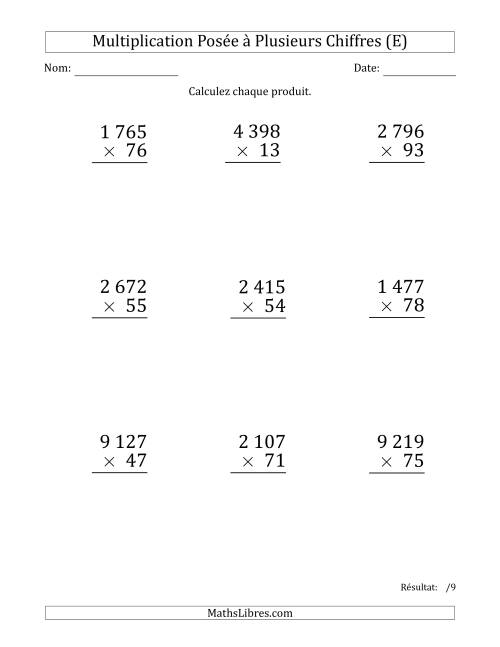 Multiplication d'un Nombre à 4 Chiffres par un Nombre à 2 Chiffres (Gros Caractère) avec une Espace comme Séparateur de Milliers (E)