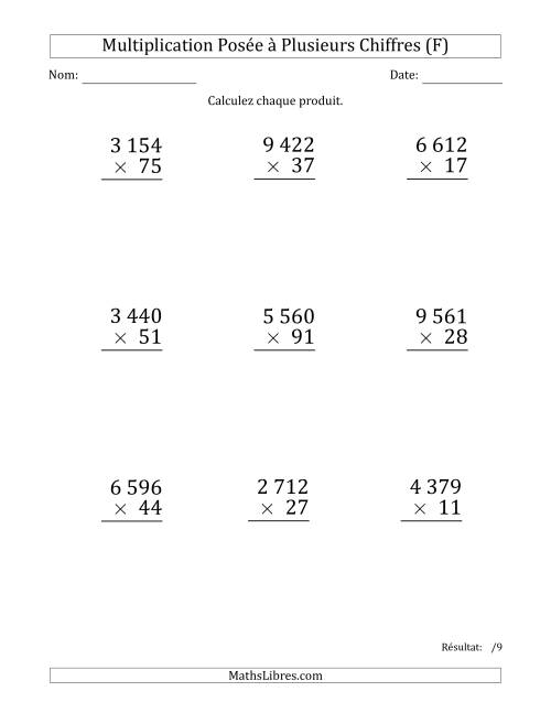 Multiplication d'un Nombre à 4 Chiffres par un Nombre à 2 Chiffres (Gros Caractère) avec une Espace comme Séparateur de Milliers (F)