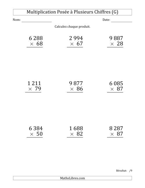 Multiplication d'un Nombre à 4 Chiffres par un Nombre à 2 Chiffres (Gros Caractère) avec une Espace comme Séparateur de Milliers (G)
