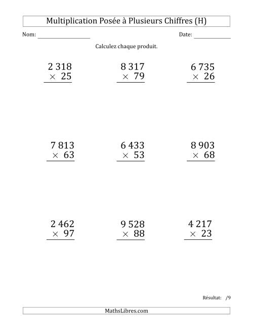 Multiplication d'un Nombre à 4 Chiffres par un Nombre à 2 Chiffres (Gros Caractère) avec une Espace comme Séparateur de Milliers (H)