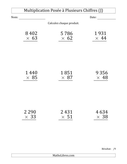 Multiplication d'un Nombre à 4 Chiffres par un Nombre à 2 Chiffres (Gros Caractère) avec une Espace comme Séparateur de Milliers (J)