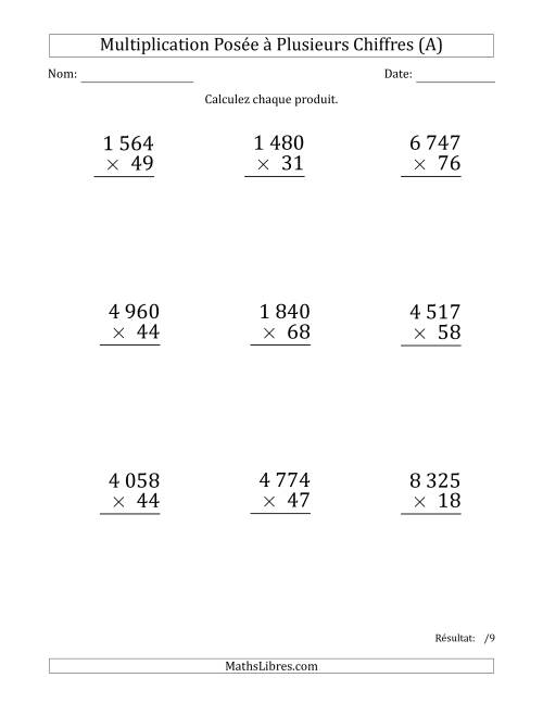Multiplication d'un Nombre à 4 Chiffres par un Nombre à 2 Chiffres (Gros Caractère) avec une Espace comme Séparateur de Milliers (Tout)