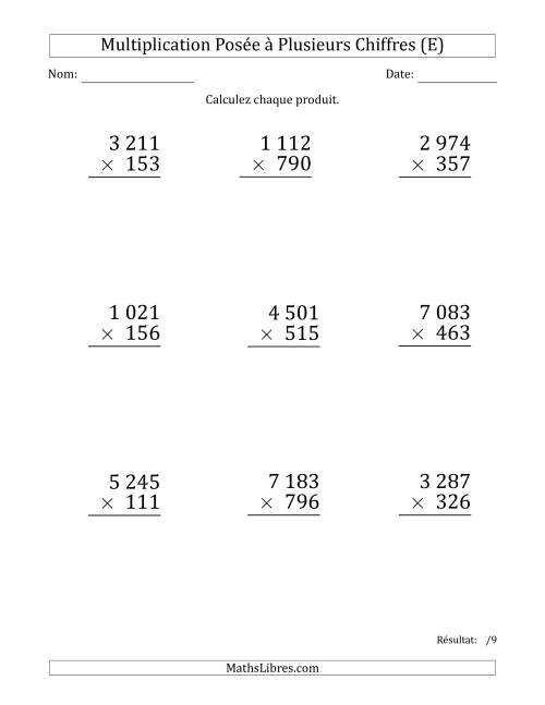 Multiplication d'un Nombre à 4 Chiffres par un Nombre à 3 Chiffres (Gros Caractère) avec une Espace comme Séparateur de Milliers (E)