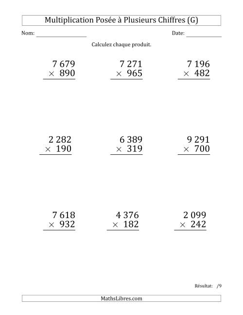 Multiplication d'un Nombre à 4 Chiffres par un Nombre à 3 Chiffres (Gros Caractère) avec une Espace comme Séparateur de Milliers (G)