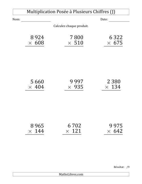Multiplication d'un Nombre à 4 Chiffres par un Nombre à 3 Chiffres (Gros Caractère) avec une Espace comme Séparateur de Milliers (J)