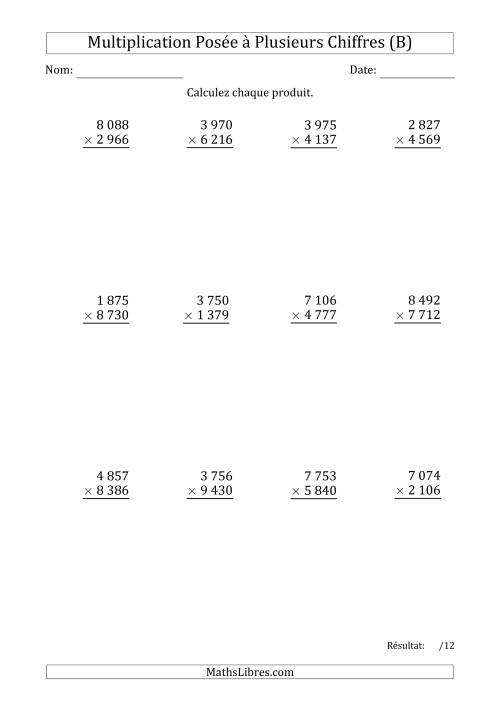 Multiplication d'un Nombre à 4 Chiffres par un Nombre à 4 Chiffres avec une Espace comme Séparateur de Milliers (B)