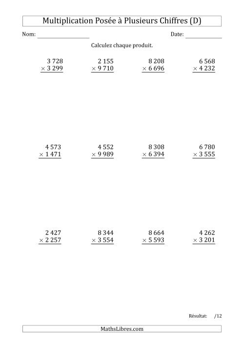 Multiplication d'un Nombre à 4 Chiffres par un Nombre à 4 Chiffres avec une Espace comme Séparateur de Milliers (D)