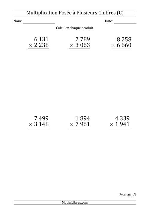 Multiplication d'un Nombre à 4 Chiffres par un Nombre à 4 Chiffres (Gros Caractère) avec une Espace comme Séparateur de Milliers (C)