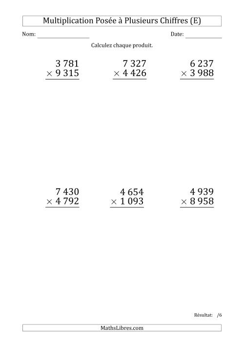 Multiplication d'un Nombre à 4 Chiffres par un Nombre à 4 Chiffres (Gros Caractère) avec une Espace comme Séparateur de Milliers (E)