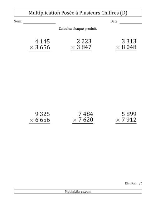 Multiplication d'un Nombre à 4 Chiffres par un Nombre à 4 Chiffres (Gros Caractère) avec une Espace comme Séparateur de Milliers (D)