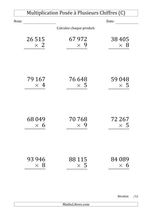 Multiplication d'un Nombre à 5 Chiffres par un Nombre à 1 Chiffre (Gros Caractère) avec une Espace comme Séparateur de Milliers (C)