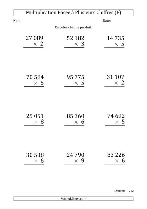 Multiplication d'un Nombre à 5 Chiffres par un Nombre à 1 Chiffre (Gros Caractère) avec une Espace comme Séparateur de Milliers (F)