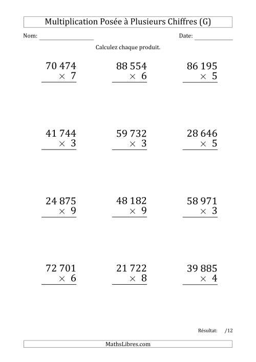 Multiplication d'un Nombre à 5 Chiffres par un Nombre à 1 Chiffre (Gros Caractère) avec une Espace comme Séparateur de Milliers (G)